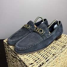 SALVATORE FERRAGAMO Navy Suede Smoking Loafer Gold Bit Logo Women size 8 B