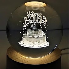 3D Crystal Happy Birthday Lamp Engraved Crystal Ball LED Light with Wooden Base