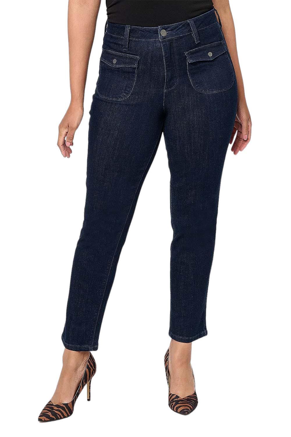 Susan Graver Straight Leg Jean with Patch Pockets Dark Wash