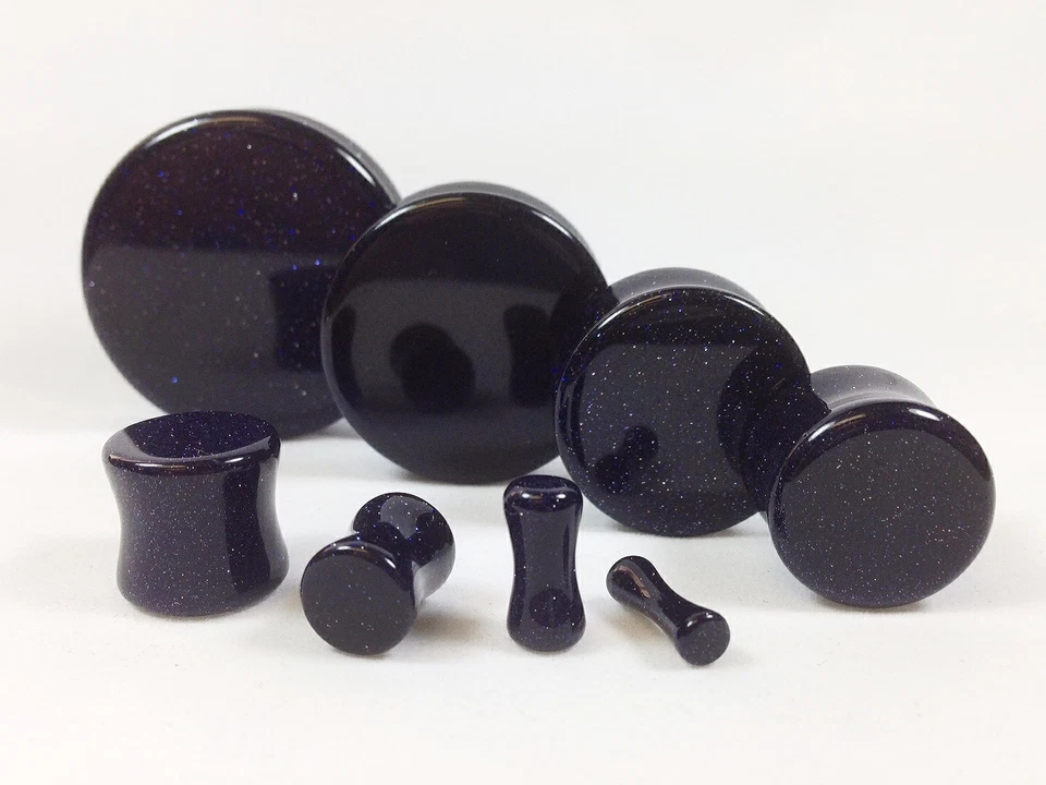 PAIR Blue Midnight Goldstone Stone Plugs Sandstone Gauges - up to 38mm available - Image 4 of 4