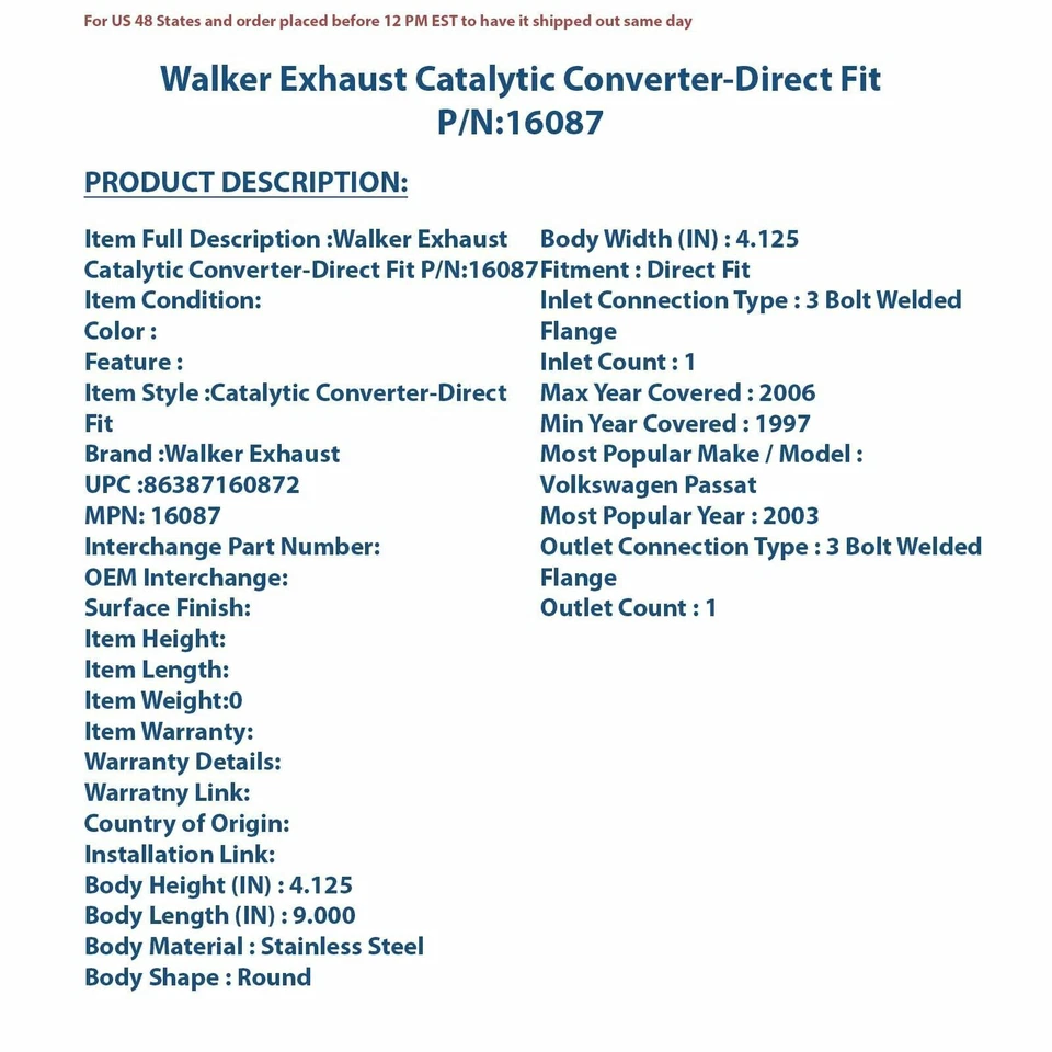 Convertidor catalítico de escape Walker - ajuste directo 16087 Foto 4 de 4