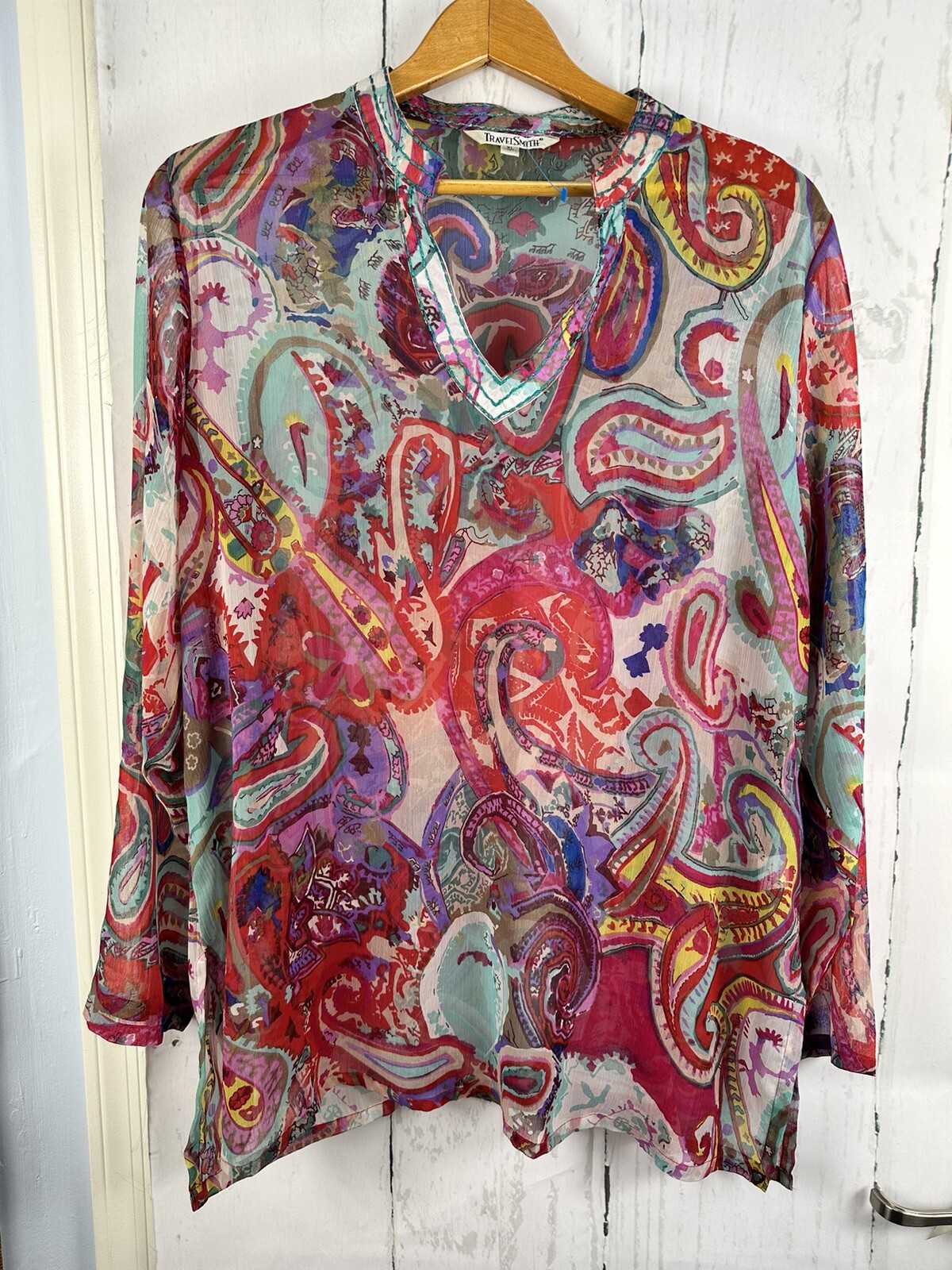 TravelSmith XL Multicolor Paisley LS Henley Semi Sheer Tunic Coverup