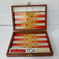 Vintage Folding Mini Travel Backgammon Camping Game Set Brown Faux Leather