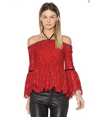 ALEXIS GRACE RED LACE OFF SHOULDER RUFFLE BLOUSE WHIMSIGOTH ROMANTIC TOP XS NWOT