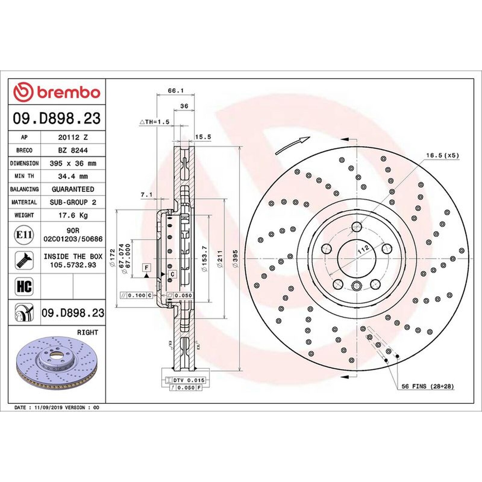 Brembo Prime Line Composite Vented Two-Piece Brake Disc - Drilled 09.D898.23