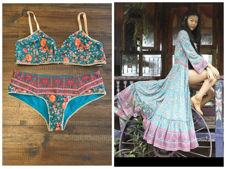 薄纱和蝙蝠 jamawar 玫瑰长裙和亲密套装佛罗伦萨绿色 全新 — 第 2/4 张图片