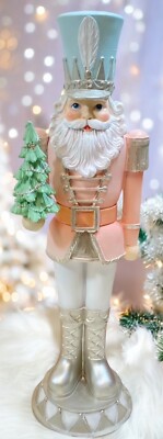 JINGLES & JOY Holiday Christmas Pastel Pink Nutcracker W Tree Figure Statue 1024
