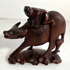 3" Chinese Carved Wood Water Buffalo Carrying Boy Unmarked