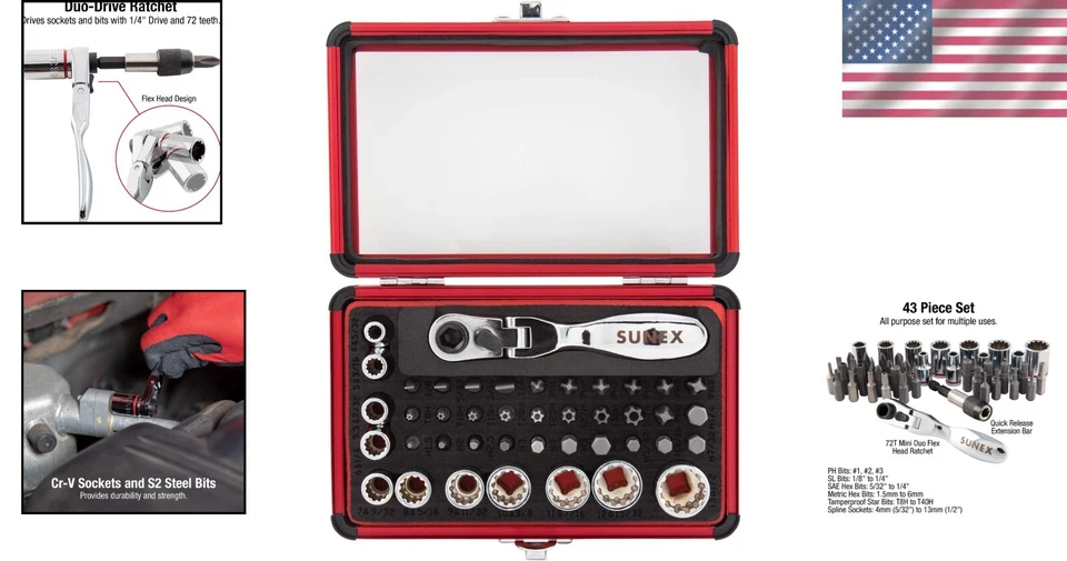 Versatile 1/4" Drive Mini Dual Head Ratchet Set with 43 Sockets and Storage Case - Image 2 of 4