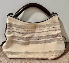  Tre Vero Genuine Leather Woven Canvas Tote Handbag Euc 
