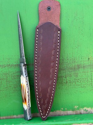 Damascus Steel Knife With Leather Sheath Dirk Boot Double Edged Dagger