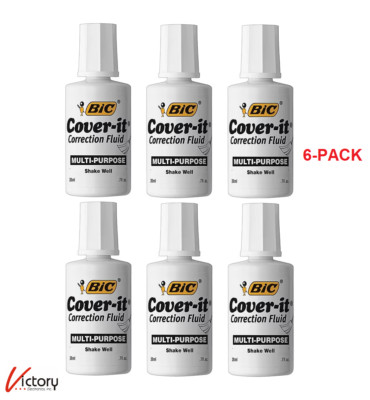 NEW BIC Cover-It Correction Fluid 6-PACK | 0.7 fl oz (20 mL) Each | White Out