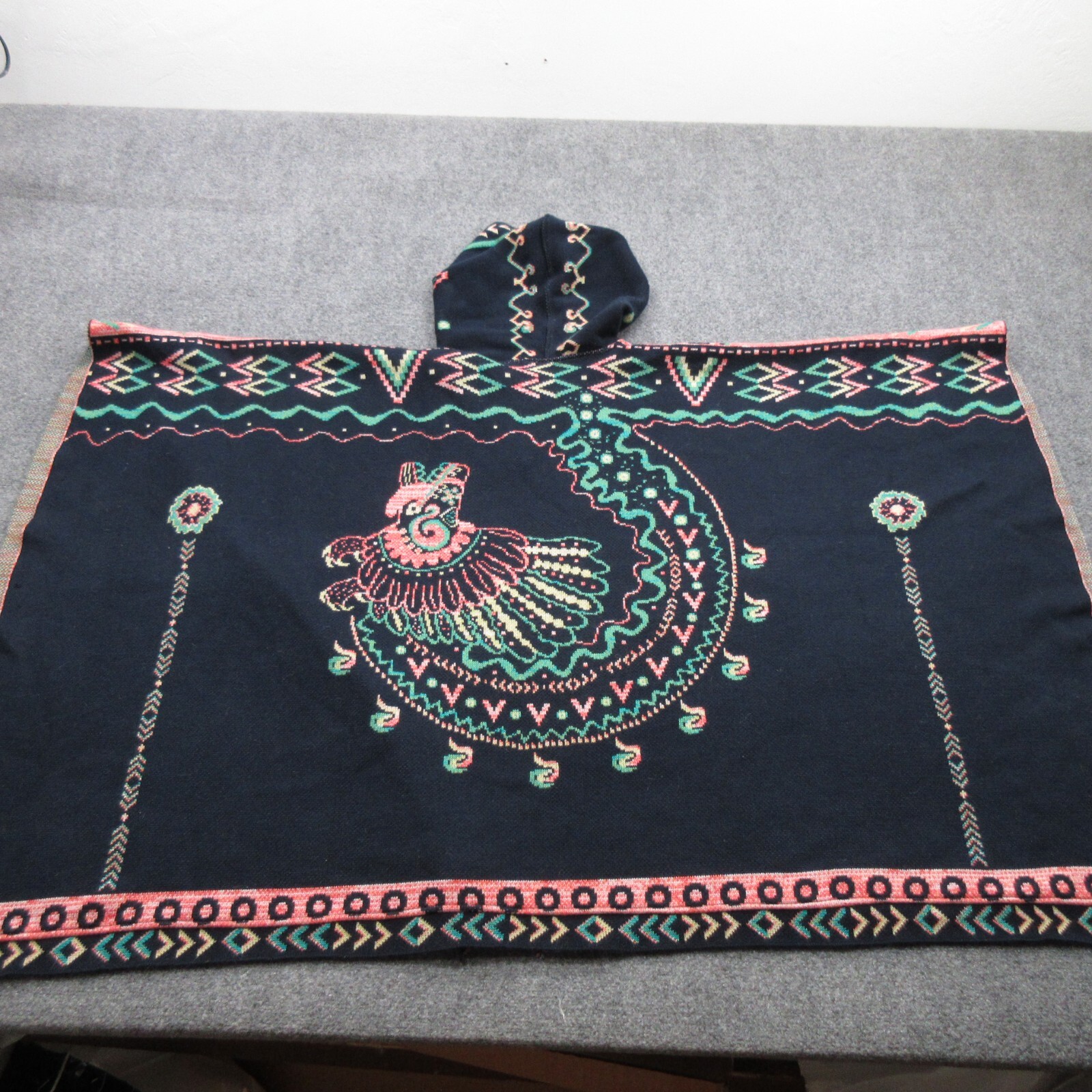 Checkanka Poncho Womens Geometric Knit Aztec Hooded Cape Open Shawl Quetzal