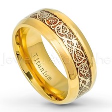 Titanium Ring, Yellow Gold Plated Titanium Wedding Band w/ Celtic Design Inlay
