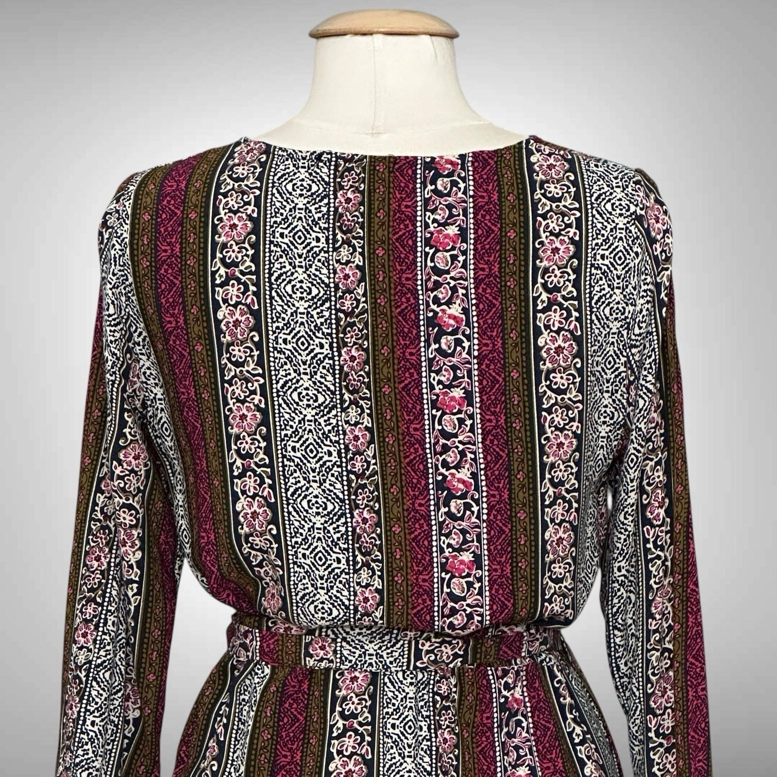 R Vivimos Womens Dress L Pink Green Stripe Wrap Ruffle Maxi Retro Peasant Boho