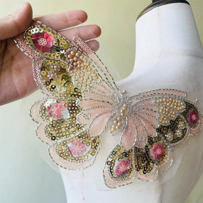 Butterfly Lace Appliques Lace Patch with Sequin Pearl Sewing on Evening Bridal G