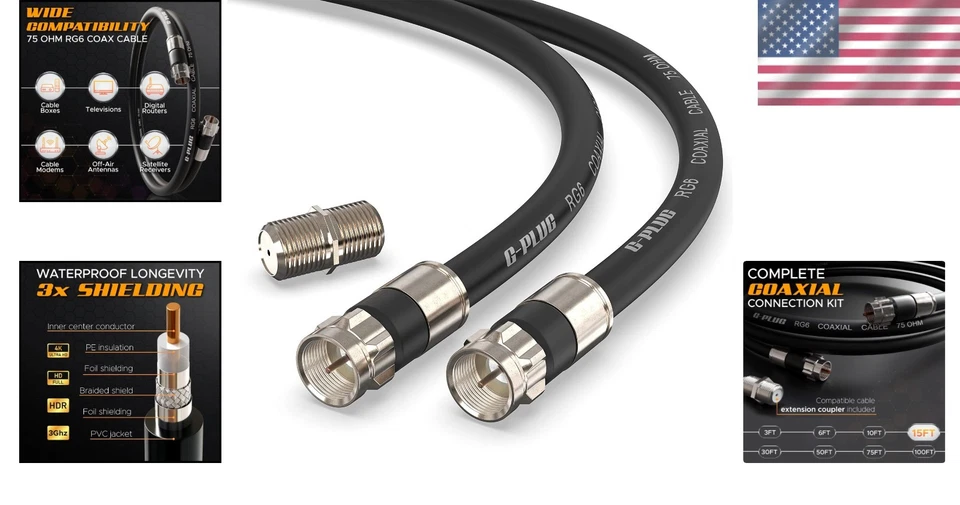 High-Speed RG6 Coaxial Cable 15ft, Durable Compression Connectors, Weather-Se... - Image 2 of 4