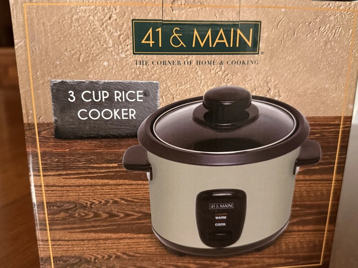 41 & Main 3 Cup Rice Cooker Nonstick Tempered Glass Lid Cool Touch Handle