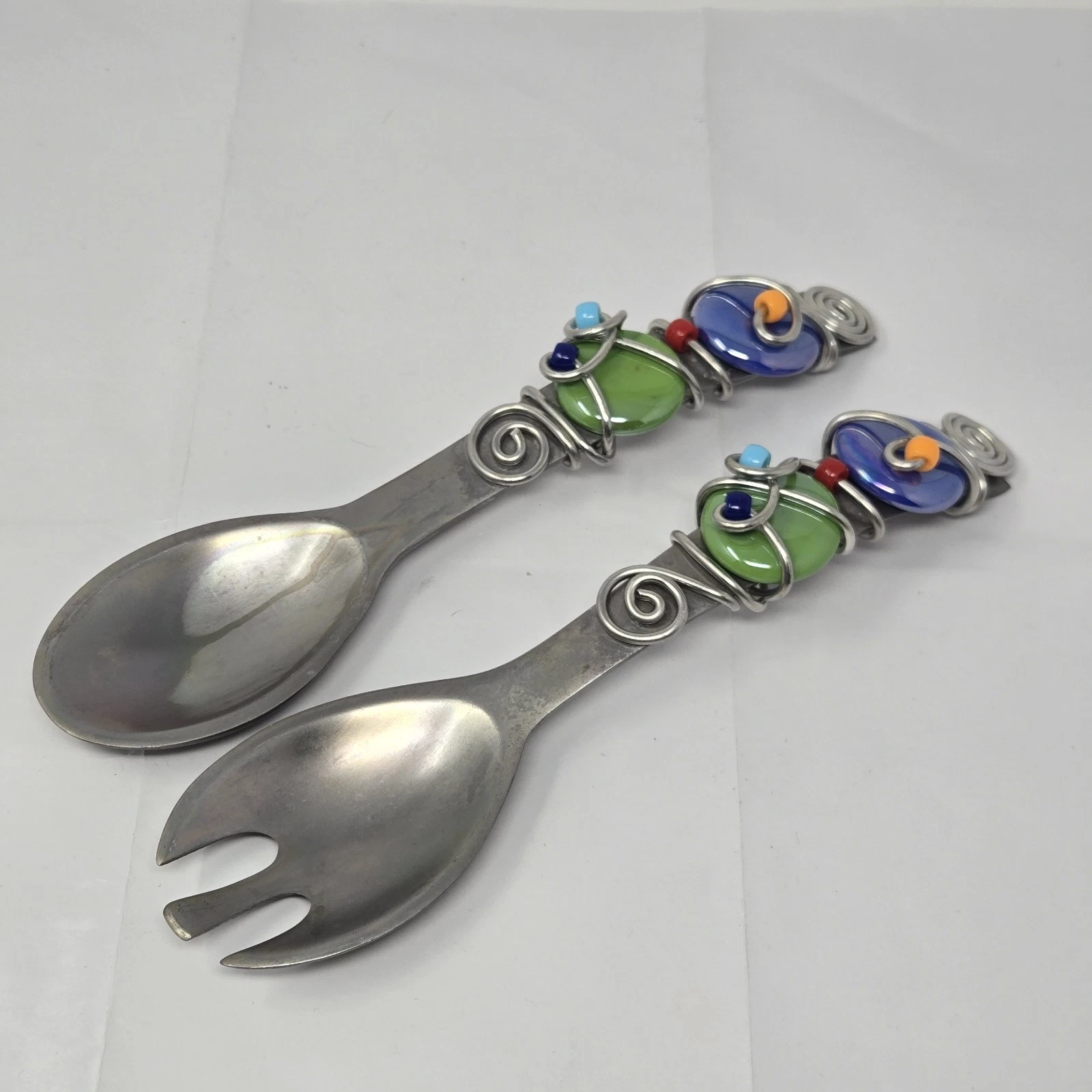 Pier 1 Aluminum Hand painted Ceramic Wired Handle Serveware Salad Spoon & Fork