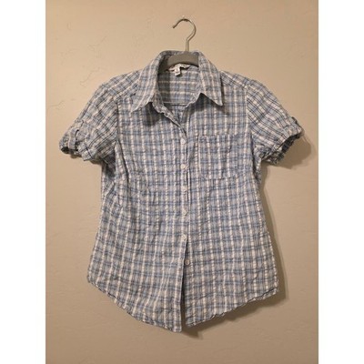 Croft & Barrow Women's Small Blue Plaid Seersucker Short Sleeve Button Down