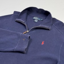 Polo Ralph Lauren Sweater Mens XL Navy Quarter Zip Mock Neck Cotton Red Pony