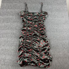Urban Outfitters Mini Dress Womens XS Black Red Floral Ruched Satin Bodycon