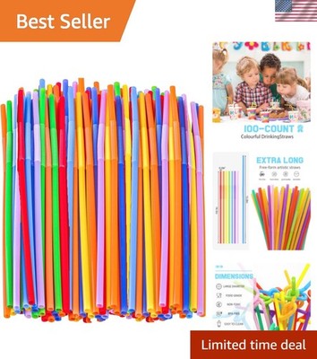 100 PCS Colorful Plastic Disposable Bendable Drinking 12.8inch Long Straws fo...