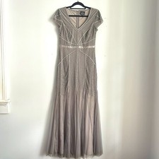 Adrianna Papell beaded cap sleeve chiffon av neck maxi gown sz 8