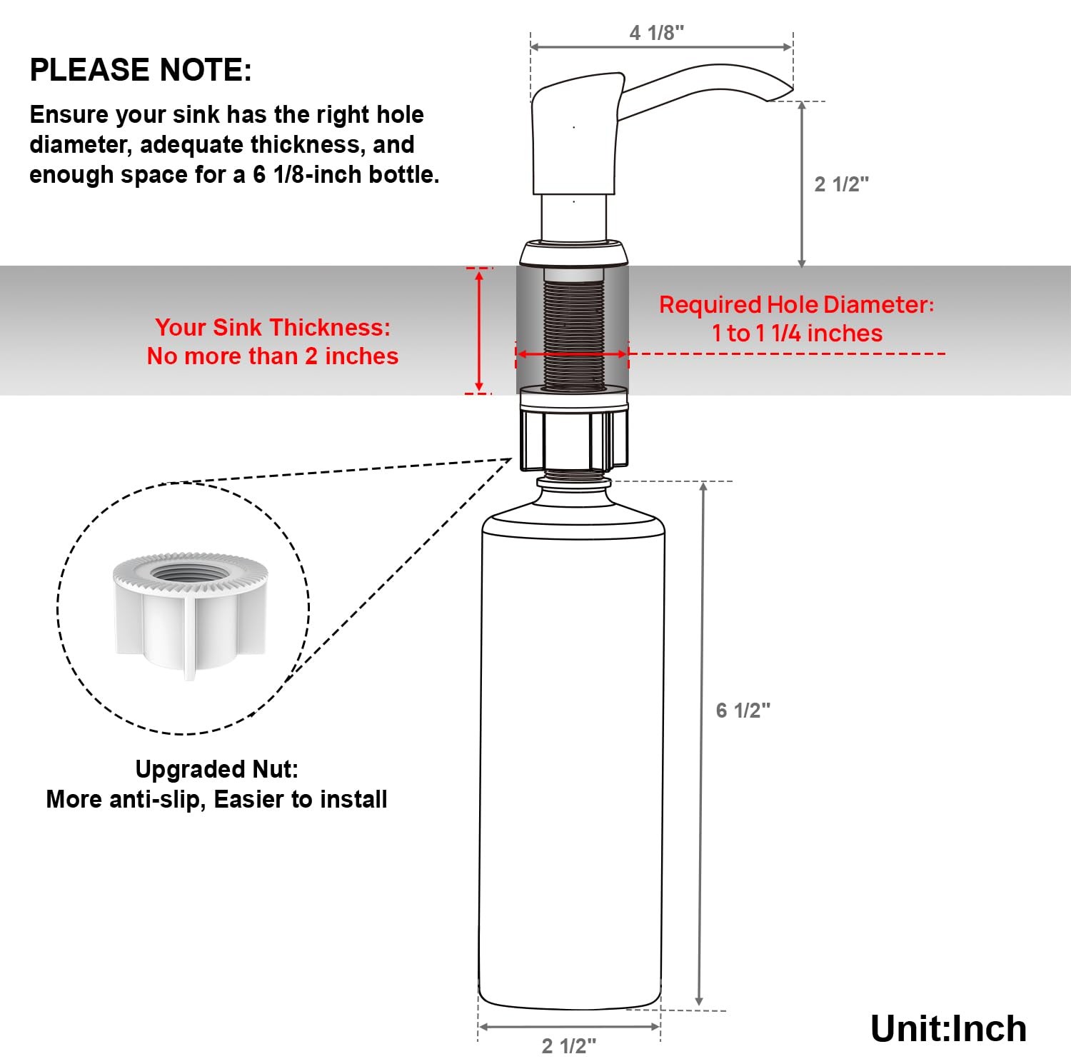 Built in Sink Soap Dispenser or Lotion Dispenser for Kitchen Sink, Brushed Ni...