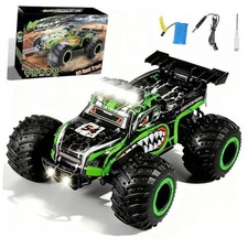Remote Control Monster Truck for Kids  Off-Road RC Car with Headlights  Green