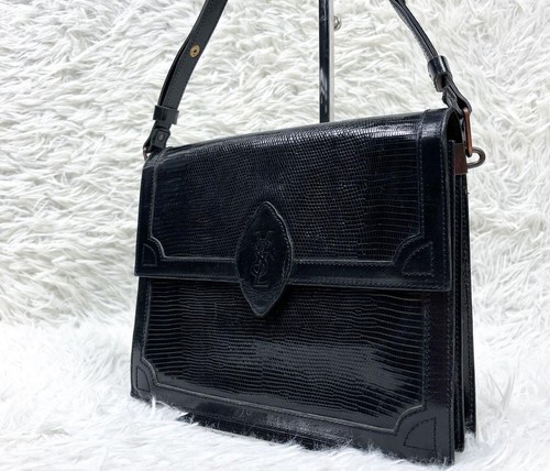 Yves Saint Laurent Cassandra One-Shoulder Bag Black Lizard-Embossed Leather
