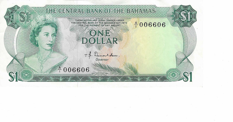 1974 The Central Bank of The Bahamas One Dollar Banknote X 006606