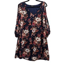 Lulus Dress Womens Medium Navy Blue Floral Cold Shoulder Boho A Line Flowy