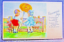 Halloween Postcard Artist Signed E. Von Hartman Kids Jack- O- Lantern on a Pole