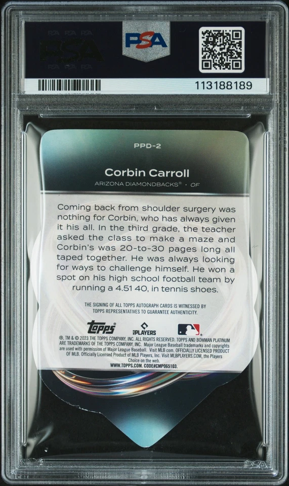 2023 BOWMAN PLATINUM PLATINUM PLATING DIE-CUTS #PPD2 CORBIN CARROLL 5/25 PSA 8 - Image 2 of 2