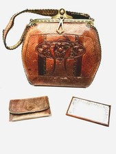 Antique 1921 TEITZEL Hand Tooled Leather Purse Complete 3pc Set Art Nouveau RARE