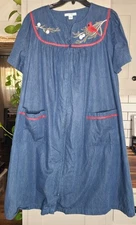 GO SOFTLY Womens Sundress Med Patio House Denim Red Robbin Cotton Embroidered 