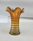 Carnival Glass Marigold Ribbed Vase Ruffled Edge Iridescent Vintage 7 Inch