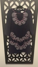 Eliza J | Navy Blue Pink White Embroidered Crepe Sheath Dress Size 10