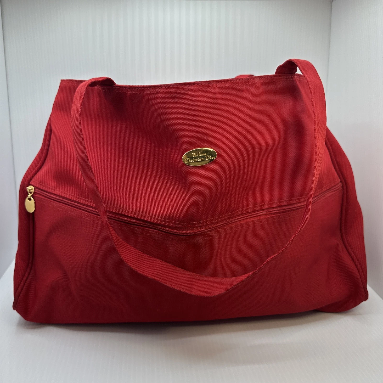 Grand sac à main fourre tout vintage Christian Dior parfums toile rouge 19” X 13” 