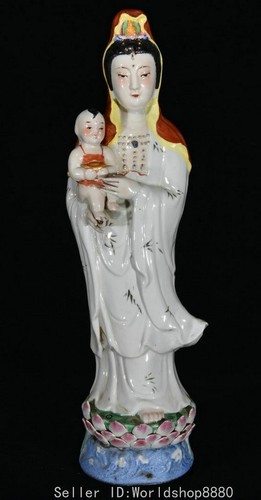 20.4" Old Chinese Dynasty Famile Rose Porcelain Children-Sending Guanyin Statue