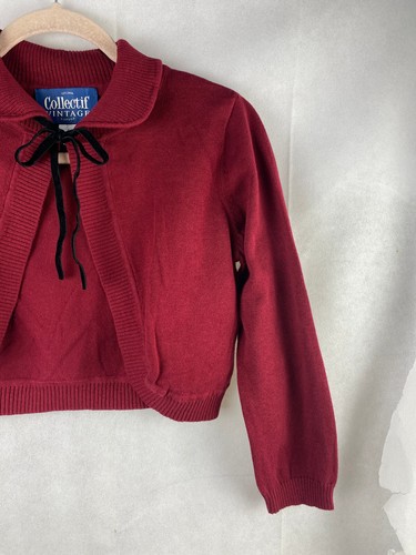 Collectif Bolero Cardigan UK 10 S 3/4 Sleeve Cotton Burgundy Red Tie Hook - Picture 5 of 10