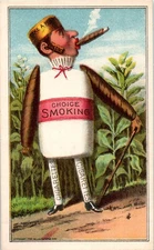 Anthropomorphic Cigar Man Trade Card Promoting Wheeler & Wilson Sewing Machines