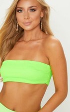 Neon Lime Green Crinkle Bandeau V Front Bottoms Bikini Set - Size 8, 10, 12, 14