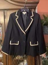 TALBOTS Womens CAREER BLAZER JACKET Navy Beige 90 Cotton 10 Wool Vintage 14P