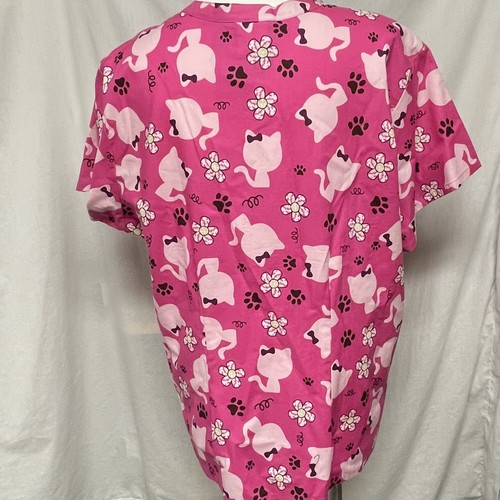 Sanibel Scrubs Nurse Scrub Top Woman’s 2 pockets Cat Bow Paws Pink 4XL New - Picture 7 of 8