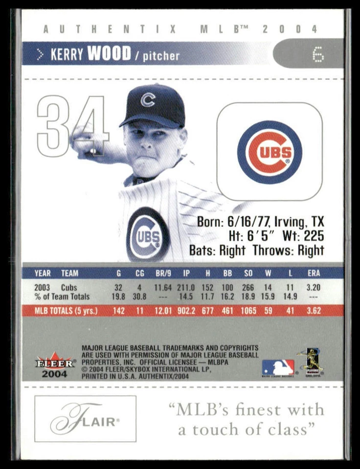 Kerry Wood Foil #6 2004 Fleer Authentix Chicago Cubs - Image 2 of 2