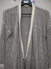 Eileen Fisher Sweater Womens M BLK Cascading Cardigan Boucle Stripe Open Organic