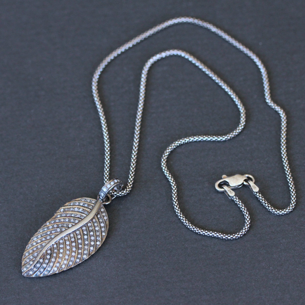 U&C Sundance Diamond Pave Rhodium Oxidized Sterling Silver Leaf Chain
