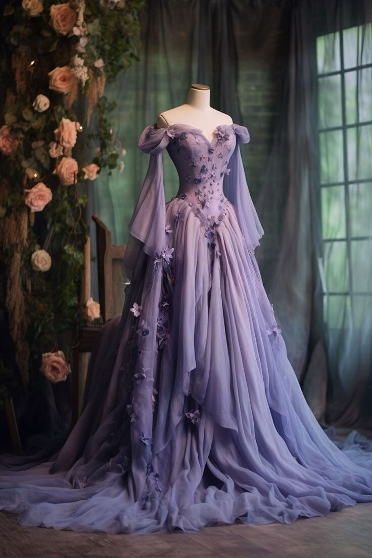 Purple Medieval Prom Dress One Shoulder Fairy Long Sleeve 3D Floral Applique